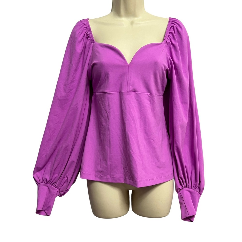 Susana Monaco Blouse Size M Pink Puff Sleeve Sweetheart Neck L/S‎ Nylon Spandex